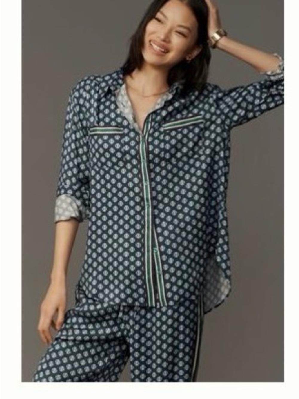 Anthropologie Navy & White Geometric Satin Button-Down Blouse with Green Trim
